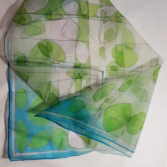 Vintage Whispy White Green and Blue Psychedelic Bubble Grid Square Scarf - Picture 9 of 12